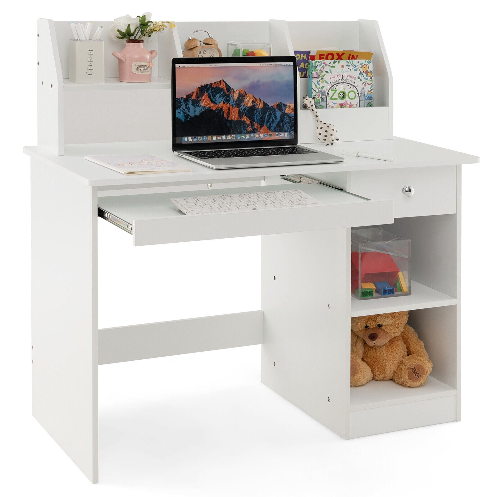 Amijoy Children's desk, children's writing desk, with kitchen cabinet, drawers, storage rack and keyboard tray, suitable for 3+home school students' wooden computer desk