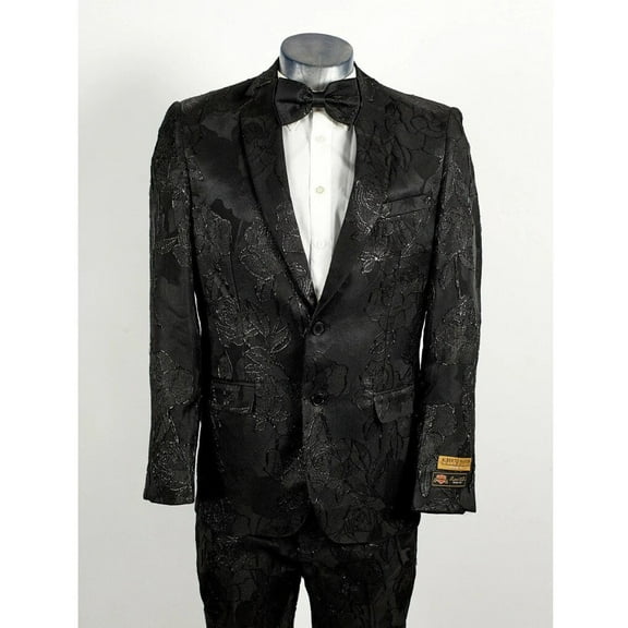 Mens 2 Button Shiny Black on Black Floral Paisley Prom & Wedding Tuxedo By Alberto Nardoni