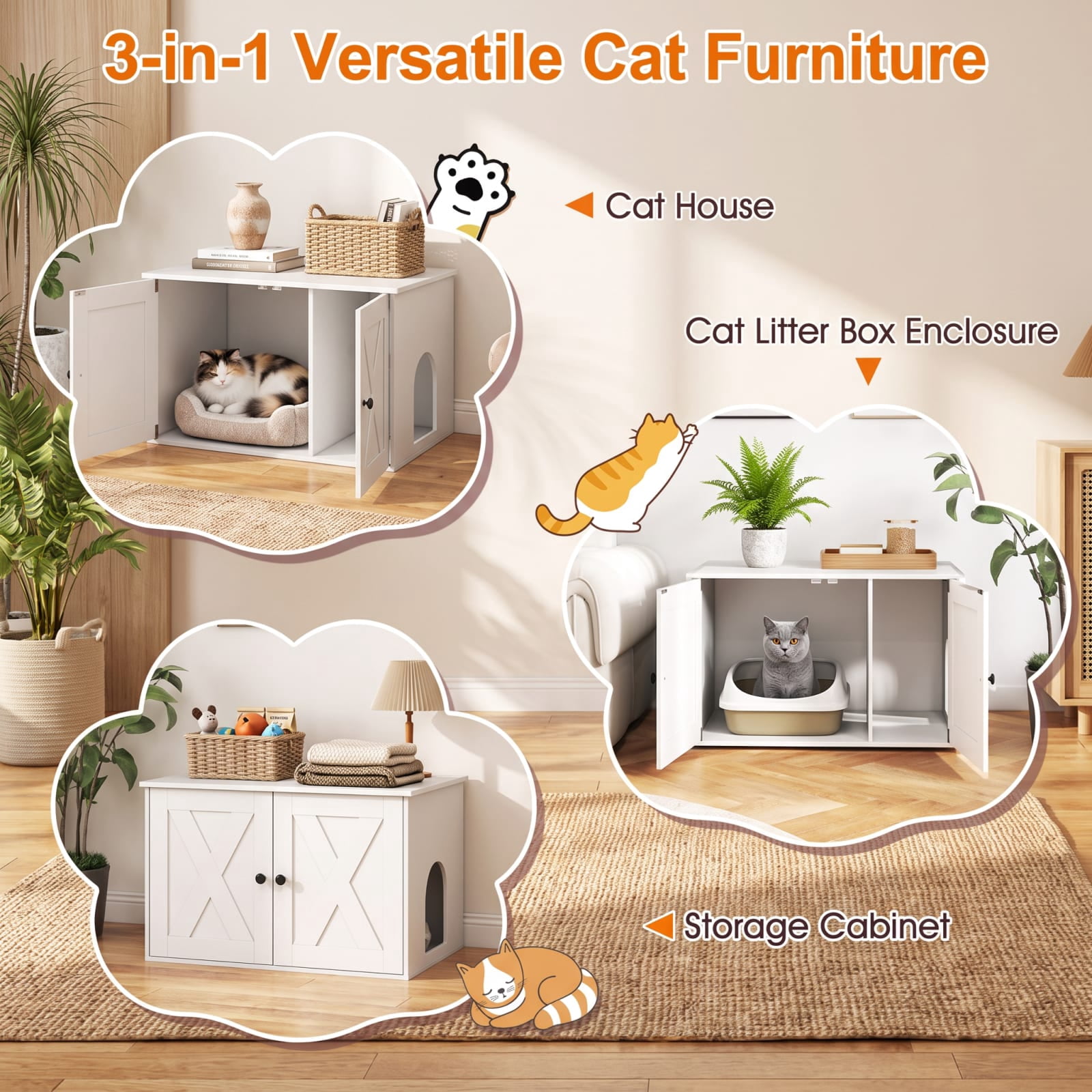 Vebreda Hidden Cat Litter Box Enclosure with Divider and Double Doors, Cat Litter Box Furniture with Storage Top, 31.5 Inch, White