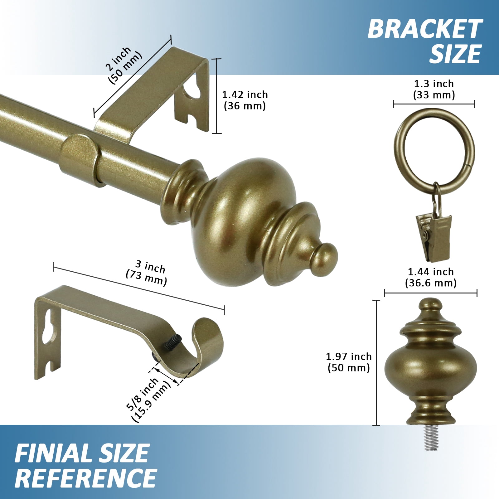 Urbanest Round Urn Single Curtain Rod Set, 5/8", 84"-120", Antique Gold