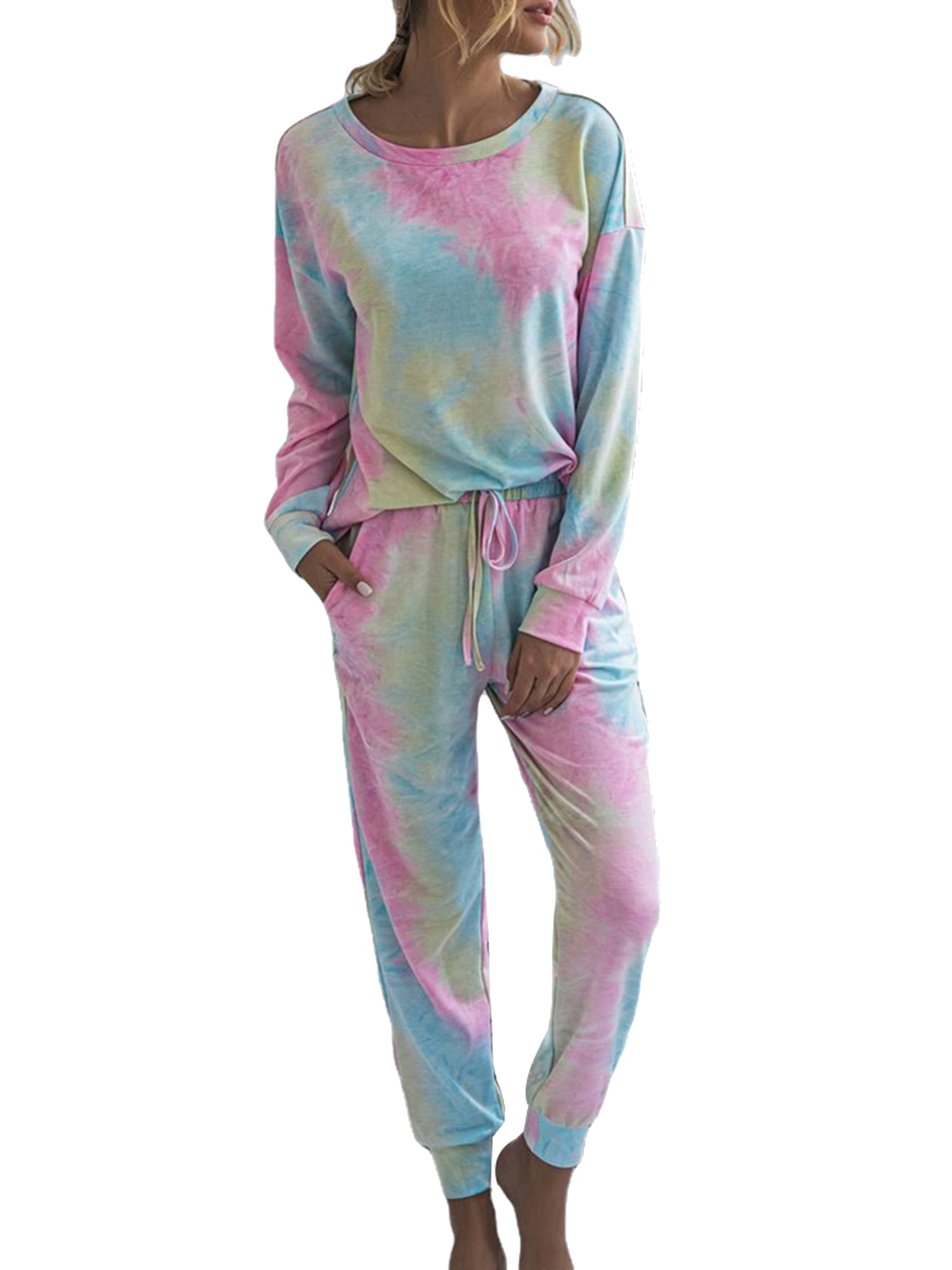 Details about   2PC Women Casual Home Sleepwear Tie-dye Long Sleeves Tops Trouser Pant Tracksuit