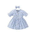 thumbnail image 1 of Qmyliery 2Pcs Baby Girls Summer Outfit, Floral Printing V-Neck Short Sleeve Buttons Dress + Hair Clip, 6 Months to 4 Years, 1 of 9