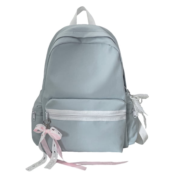 Cute Aesthetic School Backpack, Solid Color Backpack with Zippered Side Pocket, Waterproof Bookbag for Middle School College (Blue)