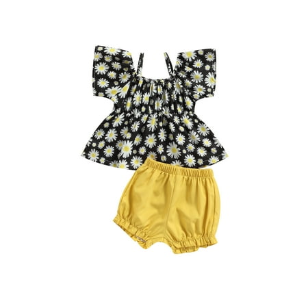 

Yinyinxull Kids Infant Baby Girls 2Pcs Summer Clothes Floral Print Short Sleeve Spaghetti Straps Tops+Shorts Yellow 6-9 Months