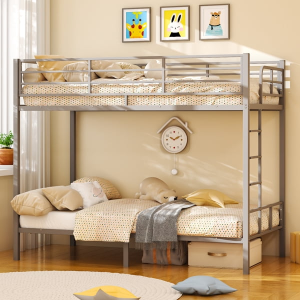 Grey Twin Bunk Bed Square Tube High Guardrail Side Ladder Opening Iron Bed