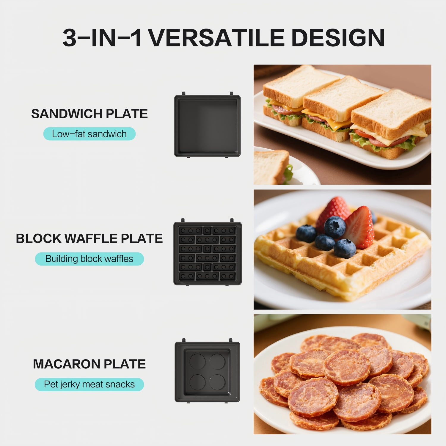 ​CANDY 3in1 Waffle Maker Panini Press Sandwich Griller Removable Plates Fast Even Heating Compact Design Kitchen Dorm​