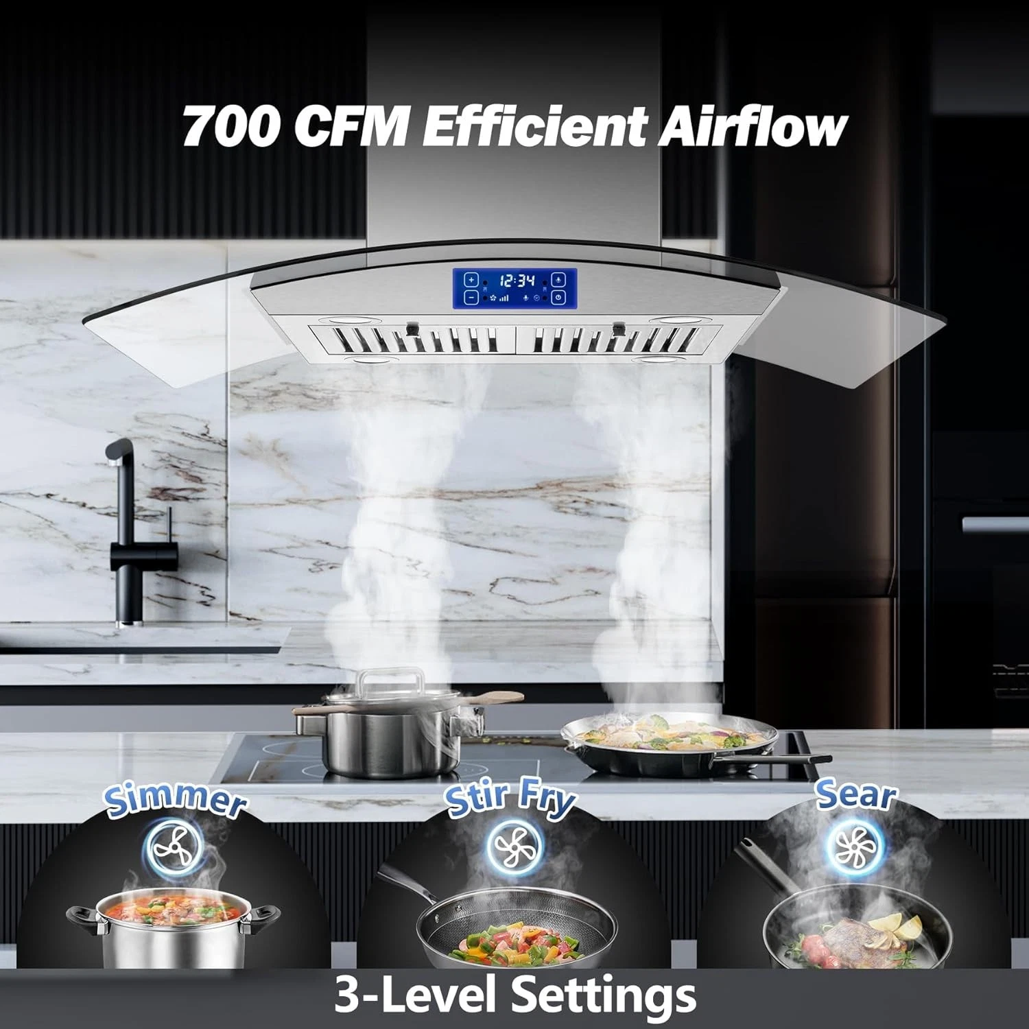 36 Inch Island Range Hood 900CFM Gesture & Touch Control Ceiling Mount Stainless Steel Ducted/Ductless Convertible, Ceiling Mount Vent Hood, Baffle Filter Exhaust Fan Extractor