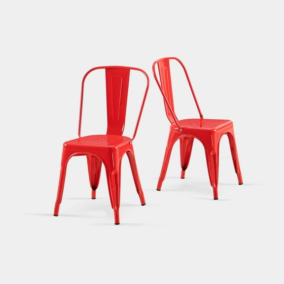 Industrial Metal Indoor-Outdoor Chairs High Gloss Style Kitchen Dining Chairs Stackable Side Chair with Back Set of 2 (Red)