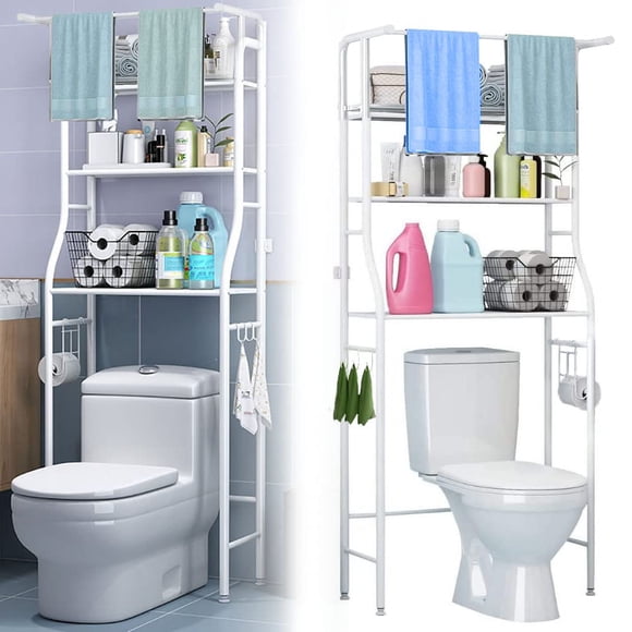 MCSWSEE Estante de Baño sobre Inodoro, 3 Niveles Estantes Ahorro de Espacio de Baño con Ganchos y Portarrollos, Ajustable Organizador de Almacenamiento con Toallero para Ducha