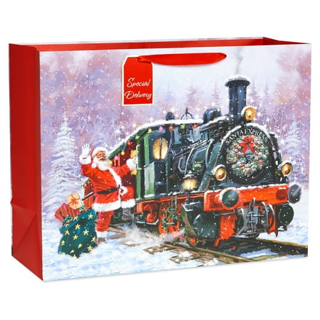 American Greetings, Large Christmas Gift Bag, Santa on a Train Design (1-Count)