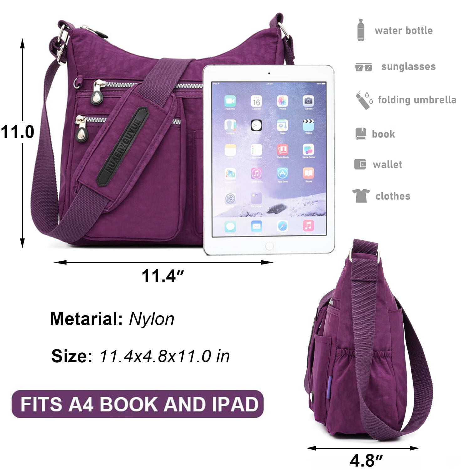 AOUNQ Crossbody Bags for Women Waterproof Hobo Purse Handbag Multi-Pocket Shoulder Bag Nylon Travel Messenger Bag,Purple