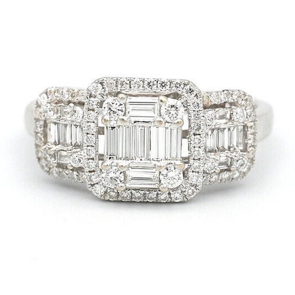 Cluster Diamond Engagement Ring, Round And Baguette Cut Diamond Ring, Solitaire With Accents Ring, Illusion Setting Diamond Ring, Square Halo Ring, 925 Sterling Silver, 2.3 Ct Simulated Diamond
