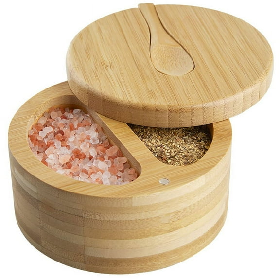 Seasoning Box with Swivel Lid Bamboo Salt Cellar with Lid and Spoon, 2-Compartment Salt Pepper Bowls,Dual 6 Oz