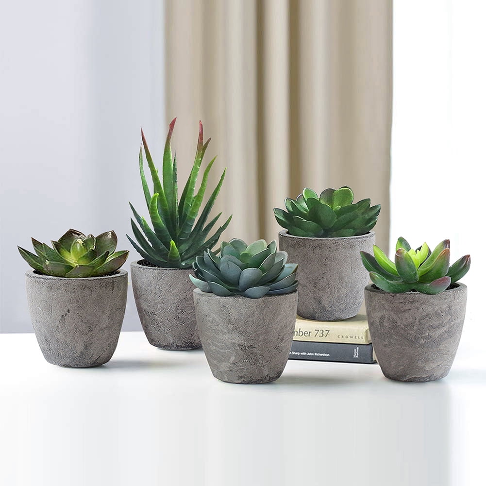 Kadyn 5Pcs Artificial Succulent Cactus Plants, Faux Succulent Cactus Plants with Gray Pots, ABS Plastic Artificial Cactus Plants for Home Decor, Green