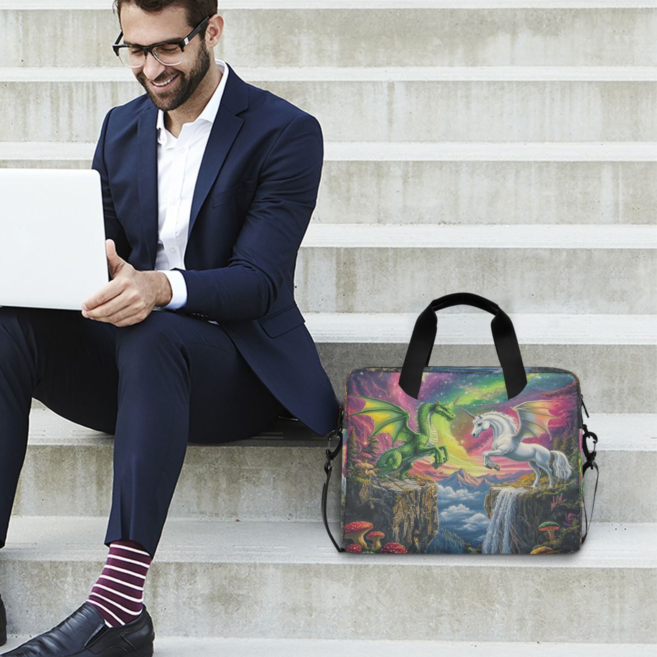 16" Laptop Tote Bag Laptop Sleeve Case Computer Briefcase for Work & Travel Green Dragon and White Unicorn