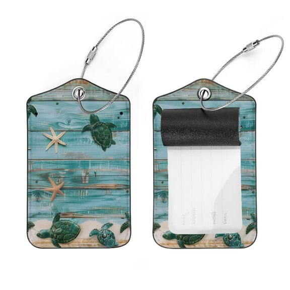 PhooArto 2 Pack Leather Luggage Tag with Stainless Steel Loop, Vintage Wooden Sea Shell Turtle Baggage Handbag Travel Suitcase Tags with Name ID Card Perfect to Quickly Spot Luggage Suitcase