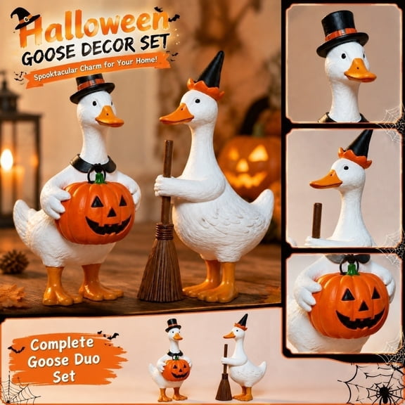 Ktlvex 2PCS Halloween Porch Goose Statue Resin Mini Desk Goose Figurine Cute Pumpkin Broom Statue Table Decor Children Room Ornaments