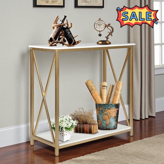 Tcbosik 2-Tier Modern Console Table, Narrow Entryway Table with Open Shelf, Foyer Table with Metal Frame for Hallway, Corridor, Living Room, White & Gold