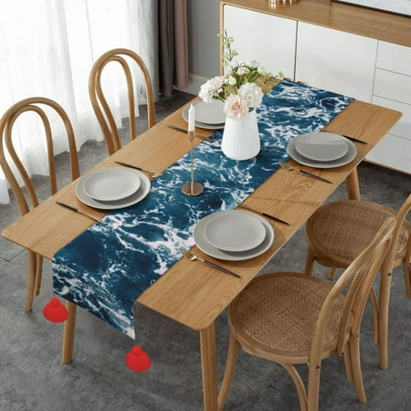 

Waves Sea Foam Water Table Runner Imitation Linen Table Runner With Red Tassels For Party And Dining Room 14 x 60