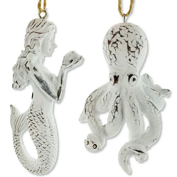 Octopus Mermaid Ornaments - Nautical Coastal Christmas Decorations, Set of 2