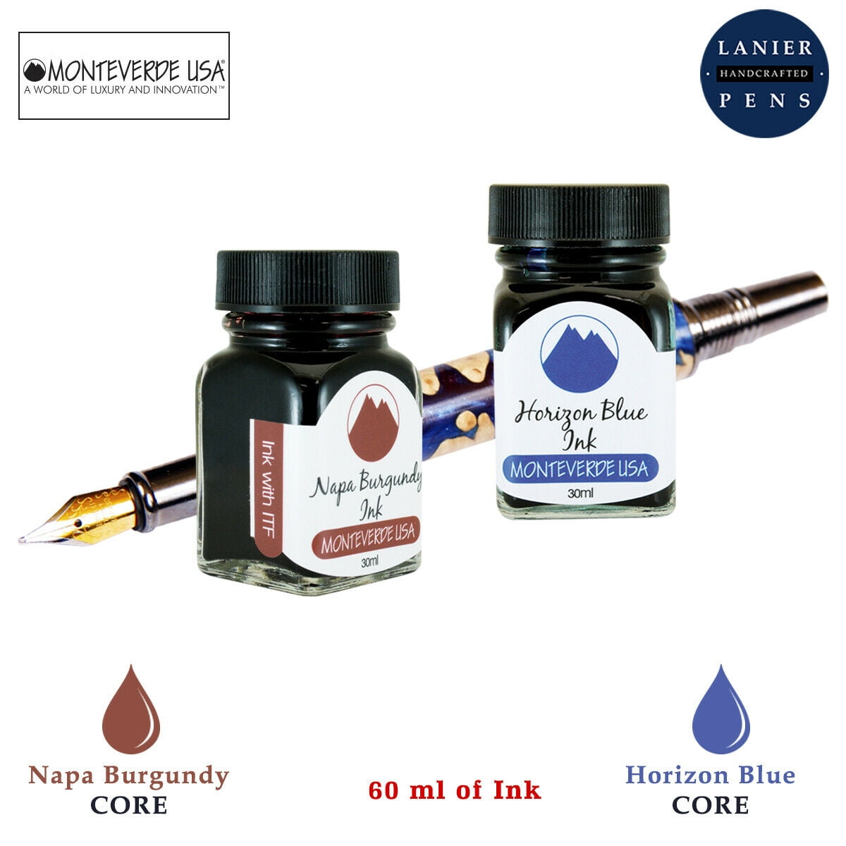 Monteverde 60ml Core Fountain Pen Ink Bottle (30ml Napa Burgundy Ink Bottle G309NB, 30ml Horizon Blue Ink Bottle G309HB)