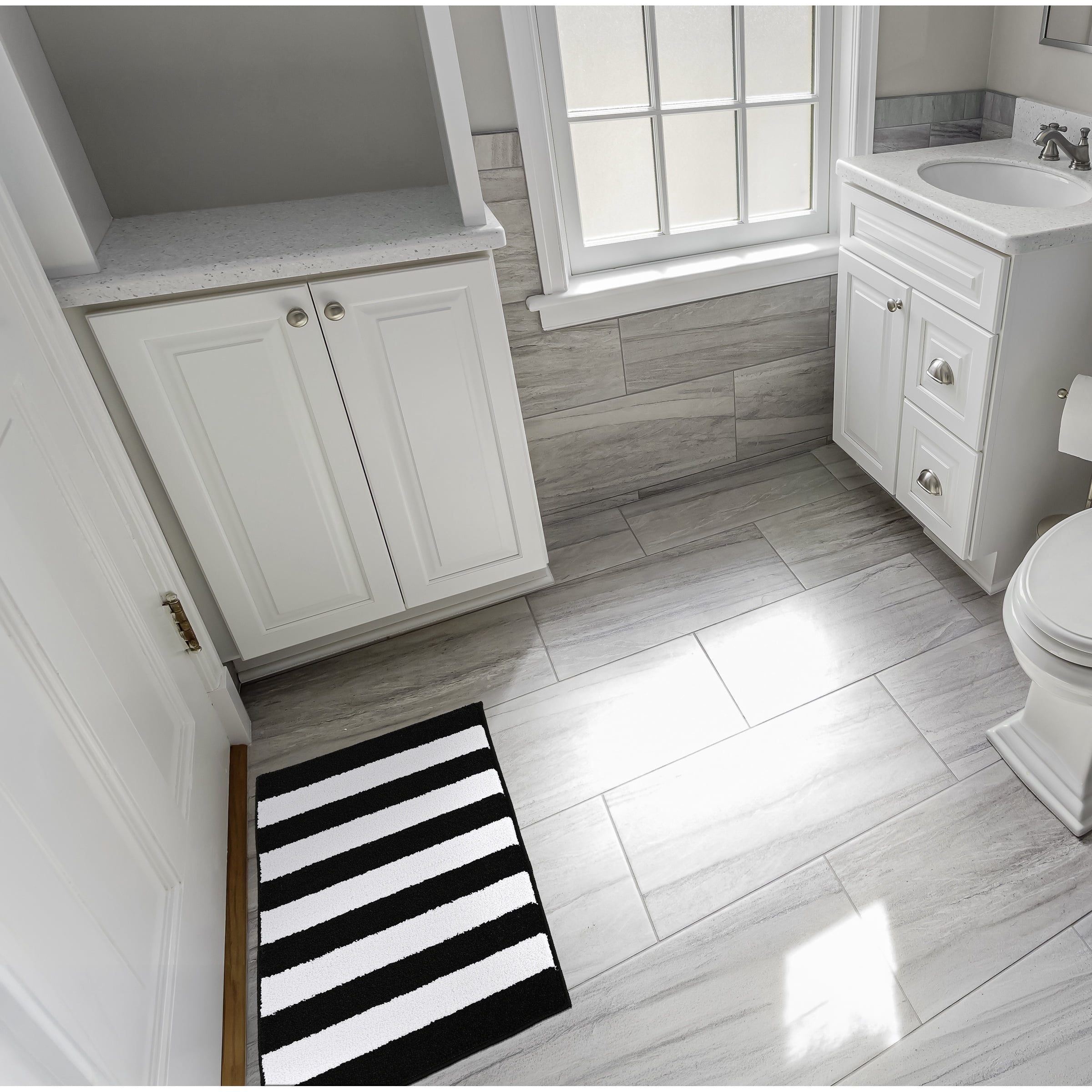 Garland Rug Beach Stripe Washable Black/White Bathroom Rug, 21" x 34"
