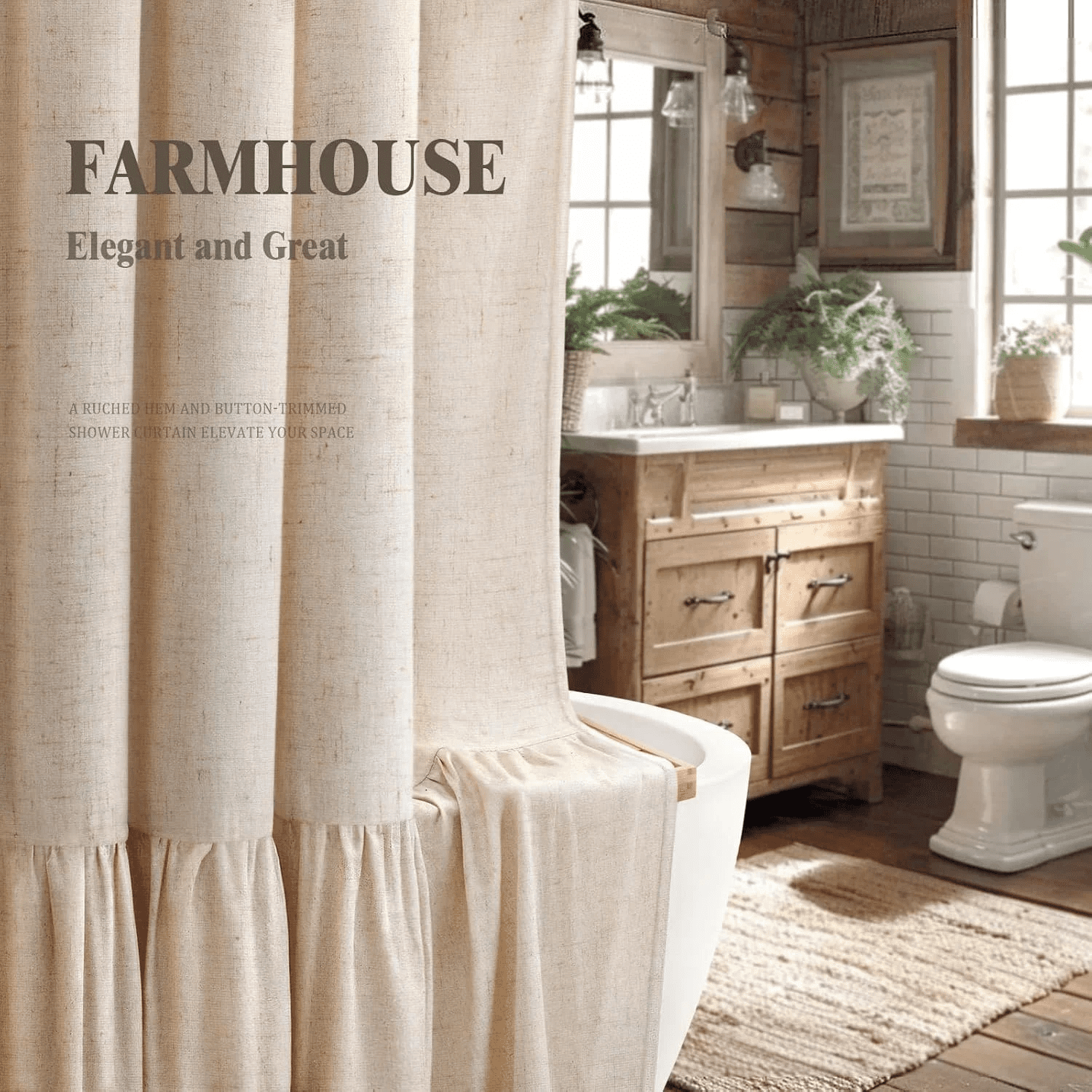 Psoiuetr Farmhouse Shower Curtain with A Ruffle Hem Beige Natural Linen Shower Curtain for Bathroom 72"x72"