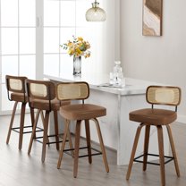 WOOW DEPOT Cane Swivel Counter Height Bar Stools Set of 4, 26" Upholstered Brown Faux Leather Barstools w/ Rattan Mid-Back & Wood Legs, Mid Century Modern Bar Chair Island Stool