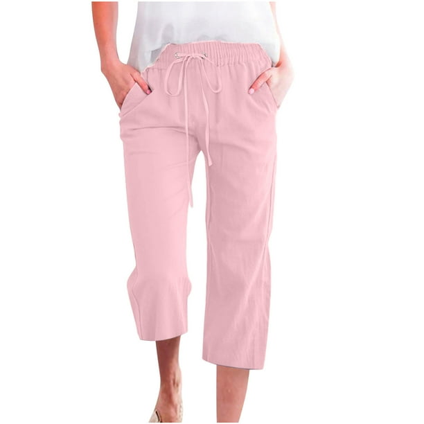 SMihono Linen Pants Women Summer Fashion Plus Size Casual Solid Color  Elastic Loose Capris Straight Wide Leg High Waisted Pants With Pocket S-5XL  on