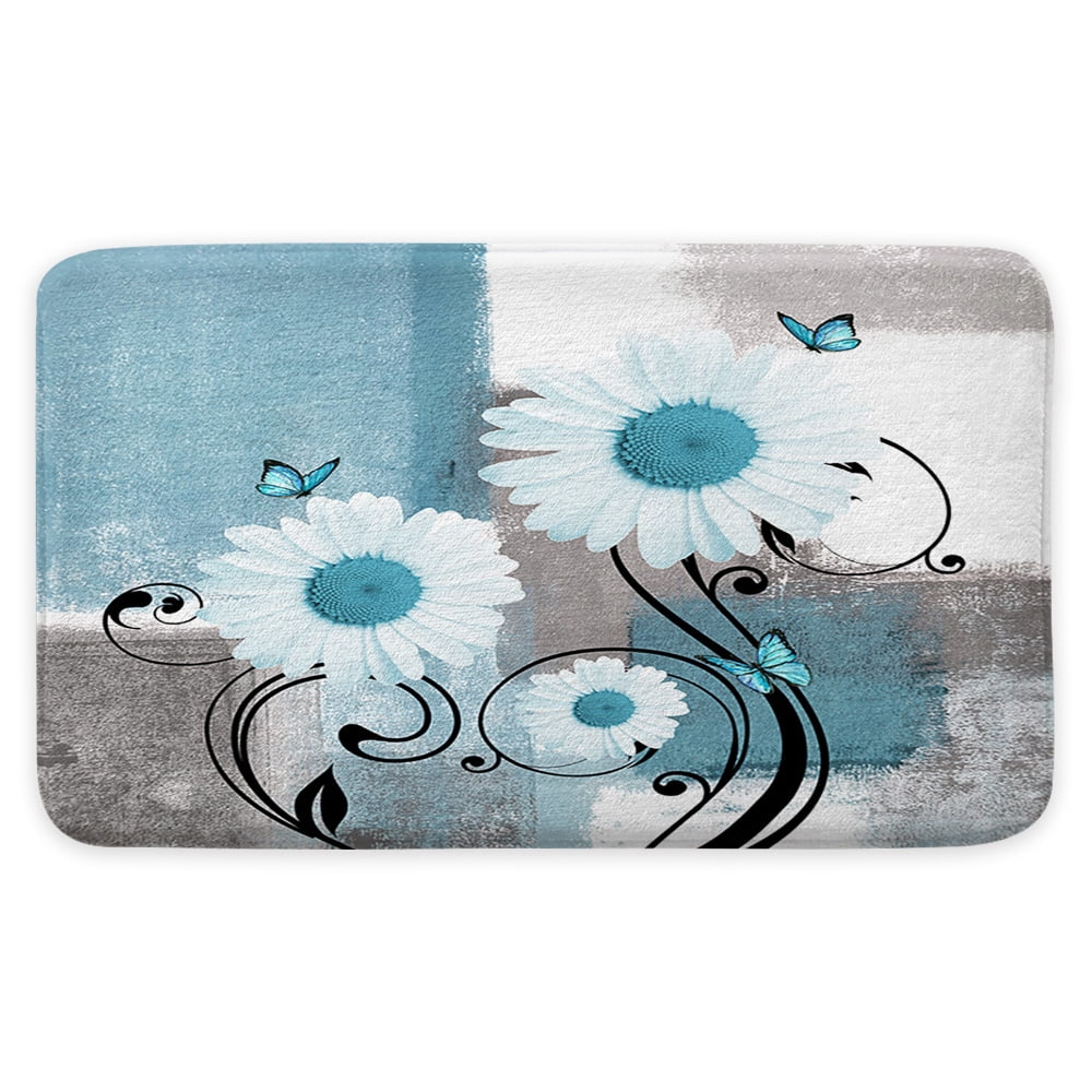 Floral Flower Bathroom Rugs,Daisy on Teal Gray White Abstract Modern Bakcground Fabric Bathroom Kitchen Door Mat,Rustic Farmhouse Rugs for Bathroom Floor 16X48in