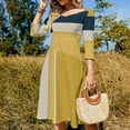 thumbnail image 4 of Abstract Geometric Color Block Design Women's 3/4 Sleeve Dresses Elegant A-Line Midi Dress Flare Summer Casual Sundress, 4 of 9