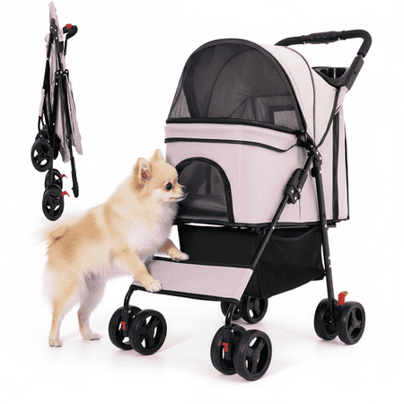 Foldable Pet Stroller with Weather Cover Storage Basket Cup Holder and Breathable Mesh for Dogs up to 30lbs Pink
