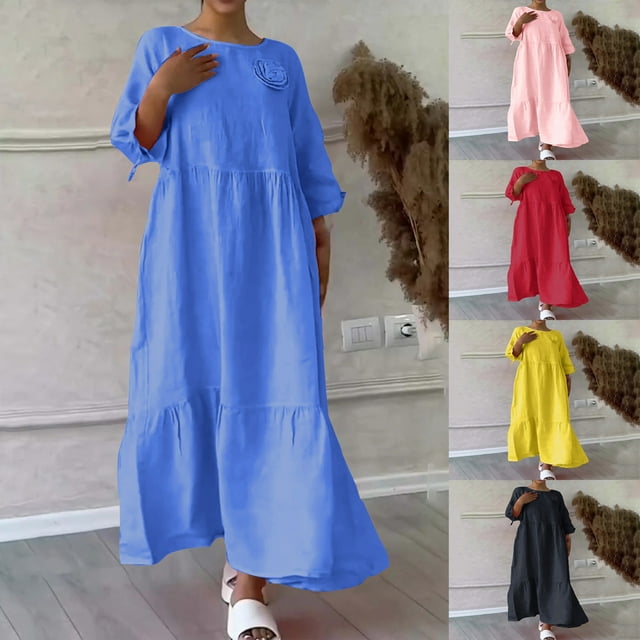 Gspmoly Robes d'Été pour Femmes, Robe Décontractée en Lin Uni à Col en V pour le Printemps et l'Été avec Poches à Manches Longues, Robes de Soirée pour Femmes en Liquidation