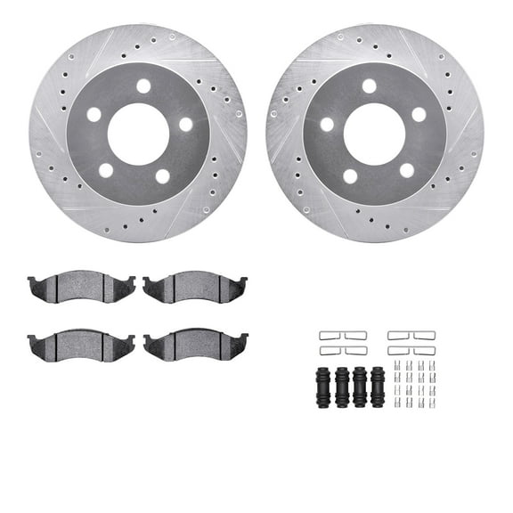 Dynamic Friction Company Front Brake Rotors-Drilled and Slotted-Silver with 5000 Advanced Brake Pads includes Hardware 7512-56041