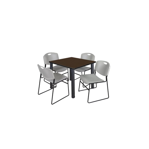 Regency Kee 36" Square Breakroom Table- Neo Walnut/ Black & 4 Zeng Stack Chairs- Grey