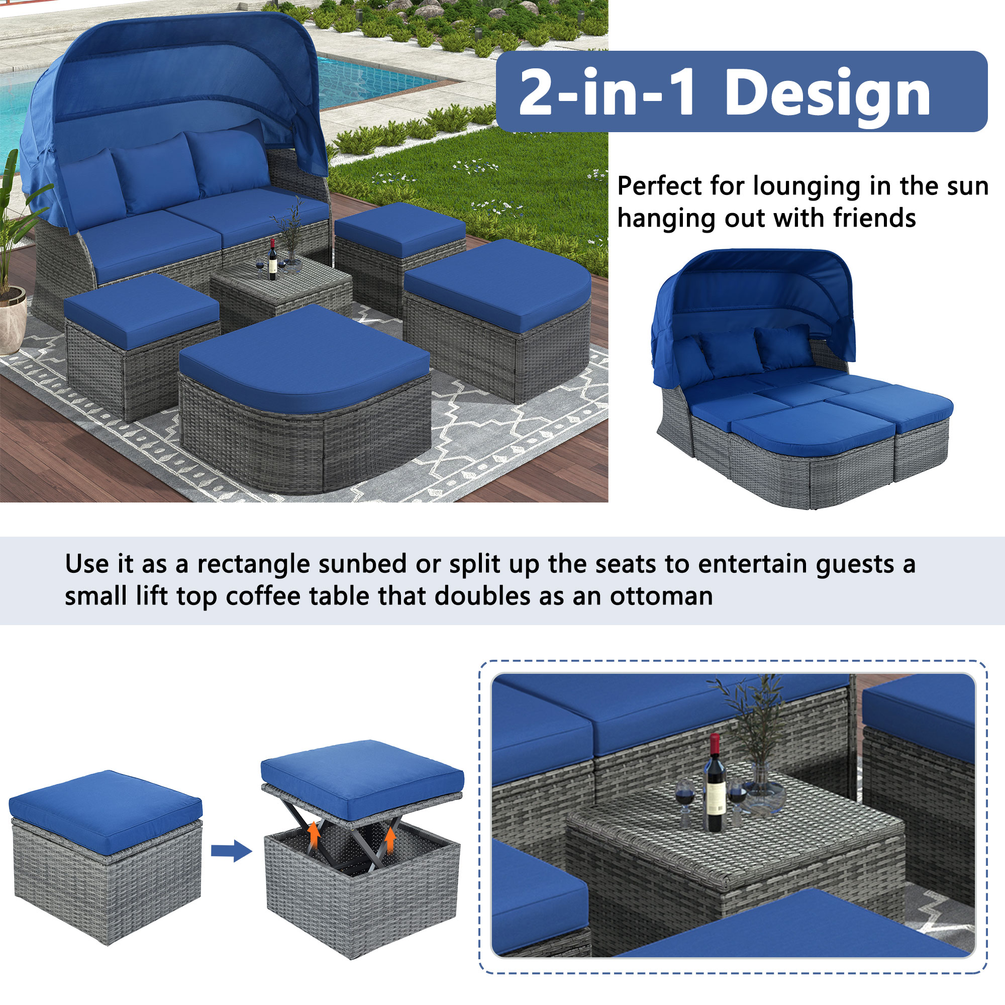 Outdoor Patio Daybed Sunbed, Rattan Lounge With Retractable Canopy, Wicker Rattan Separated Seating Sectional Sofa with Ottoman or Lift Top Coffee Table for Patio Lawn Garden, Blue - image 5 of 7