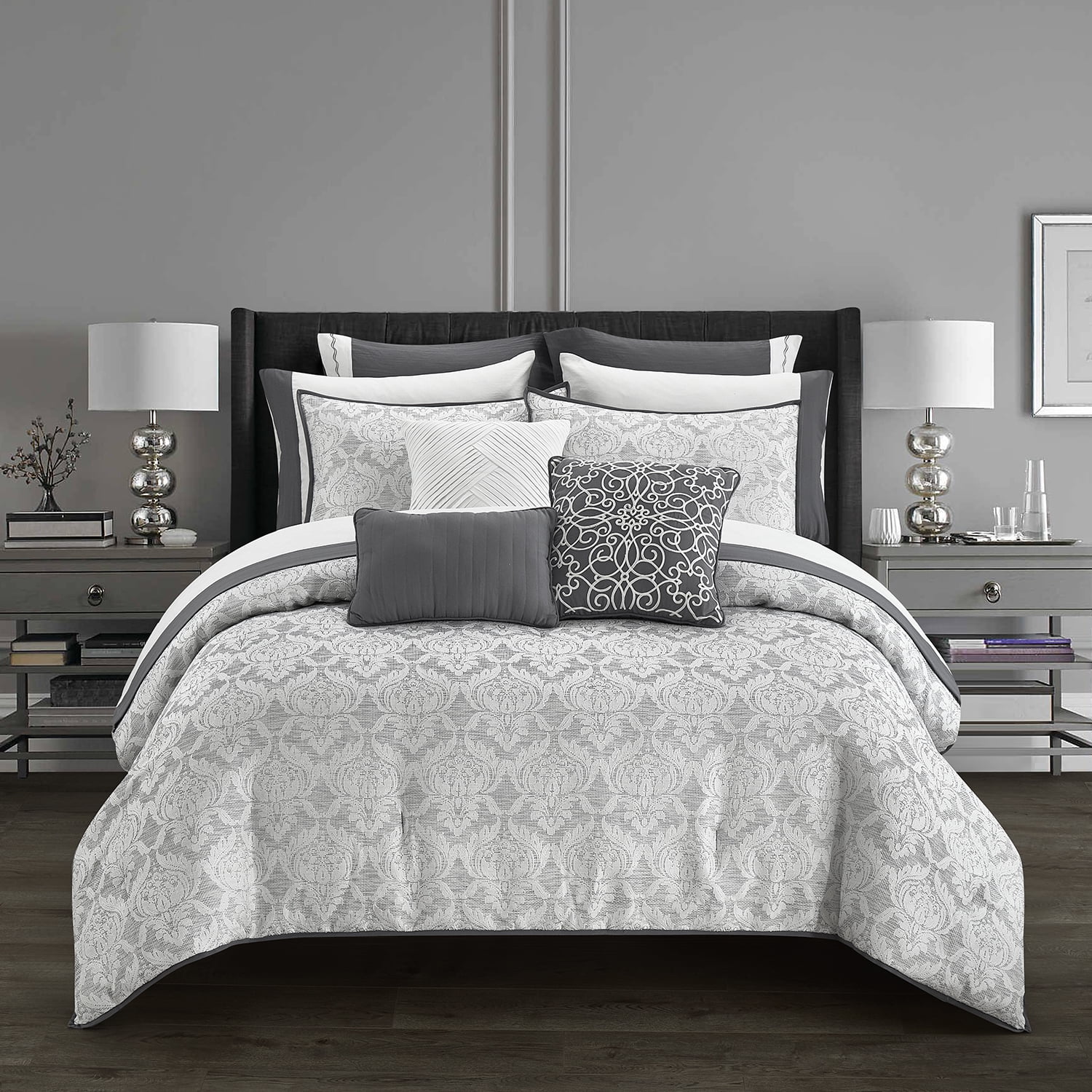 12pc Black/Ivory/Grey Pintuck Striped Comforter & Sheet Set Queen King CKing 