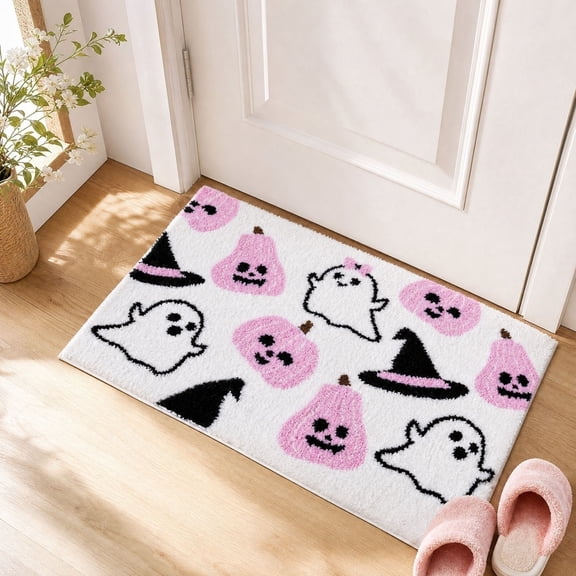 PoyoKee Halloween Bathroom Rugs, 23" x 15" Thanksgiving Ghost Pumpkin Bath Mat, Soft Absorbent Washable Rug Bathroom Mat for Entrance Door Room Decor