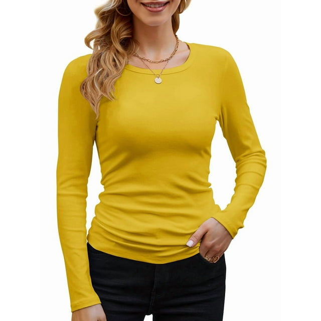 Womens Ribbed Long Sleeve Crewneck Casual Slim Basic Shirts Fitted Knit Tops Mustard Yellow S