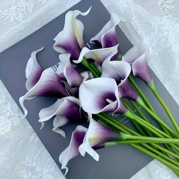 Mictong calla lily artificial flower set, 13.8 inch realistic touch fake flower, suitable for vase decoration, home decoration or wedding decoration, 6 pieces, white-purple