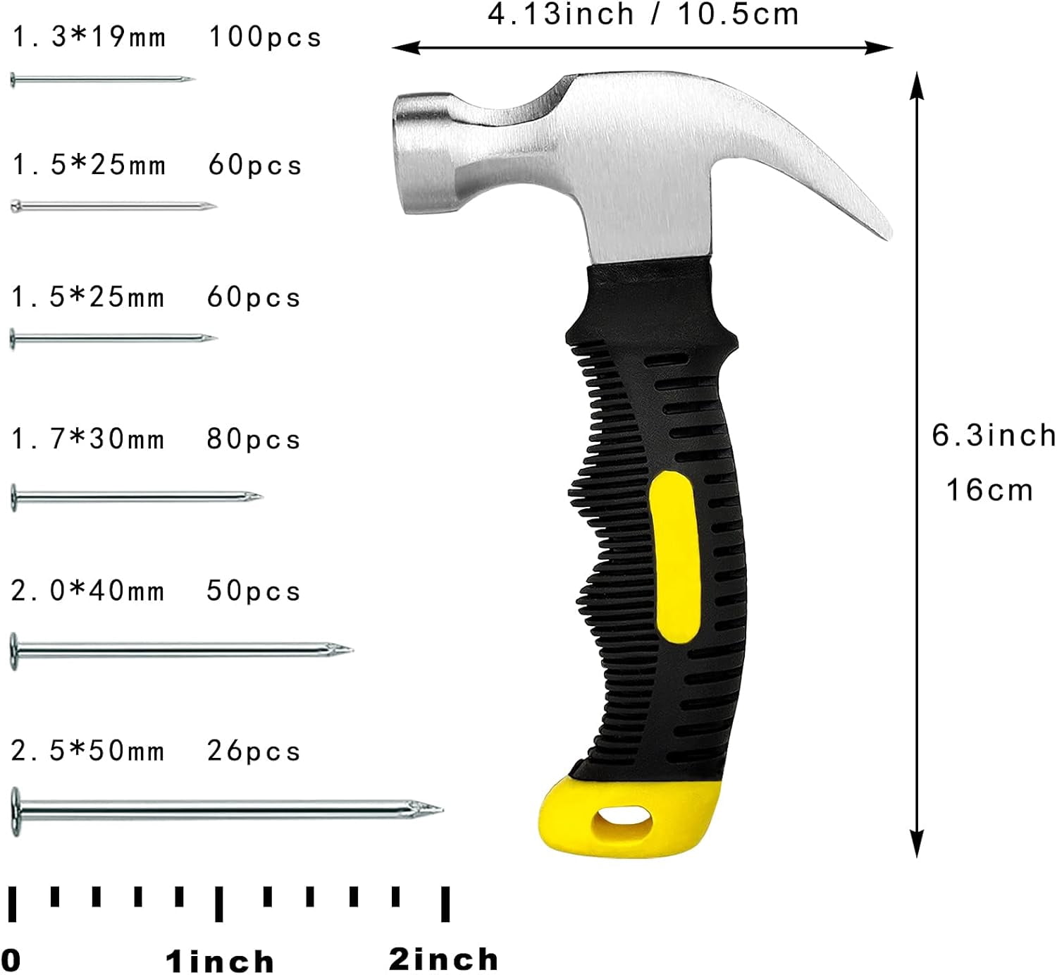 Hardware Nails Assortment Kit with Small Claw Hammer, Mini Hammer with Anti-Slip Handle, Finishing Nails for Hanging Pictures, Household & DIY