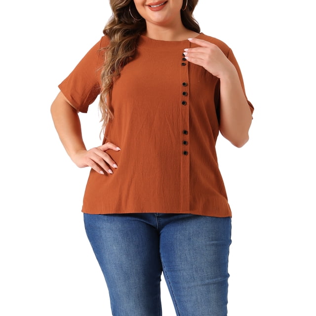Blusa de Día de la Madre para Mujeres de Talla Grande Agnes Orinda, de Manga Corta, Cuello Redondo, de Algodón y Lino, Talla 3X, Marrón
