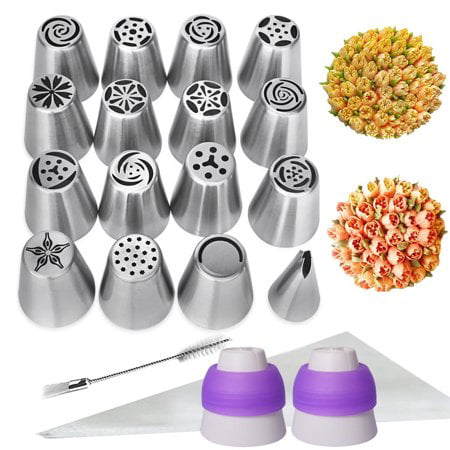 Noctflos Russian Piping Tips Set 29pcs Cake Frosting Icing Decorating Tips Kit, 15 Piping Nozzles 1 Leaf Tip 2 Tri-Color Couplers 10 Disposable Pastry Bags 1 Cleaning