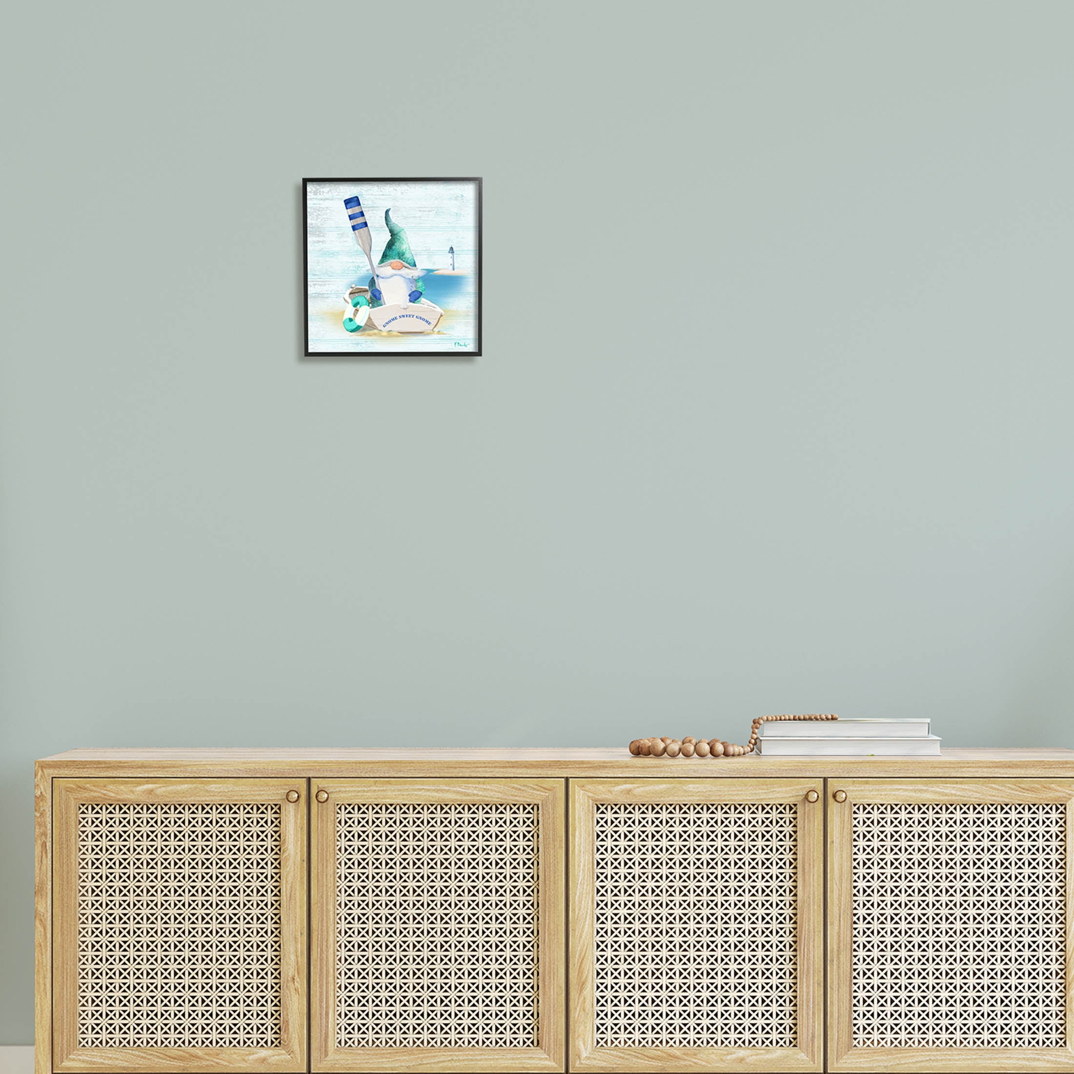 Stupell Industries Coastal Gnome Blue Row Boat Graphic Art Black Framed Art Print Wall Art, Design by Paul Brent