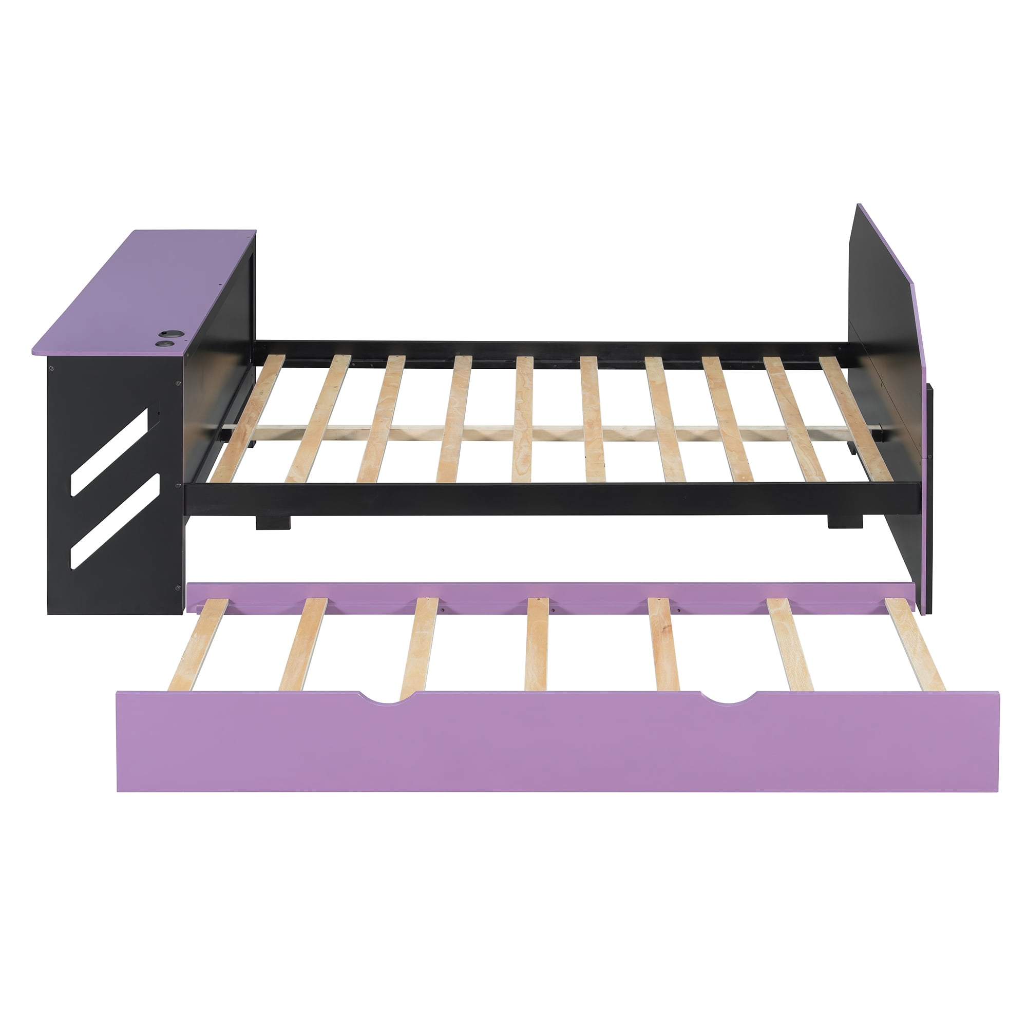 Mintazer Full Size Gaming Daybed with Pull-Out Twin Size Trundle & Desk, Platform Bed Frame with USB for Bedroom Dorm, Black & Purple