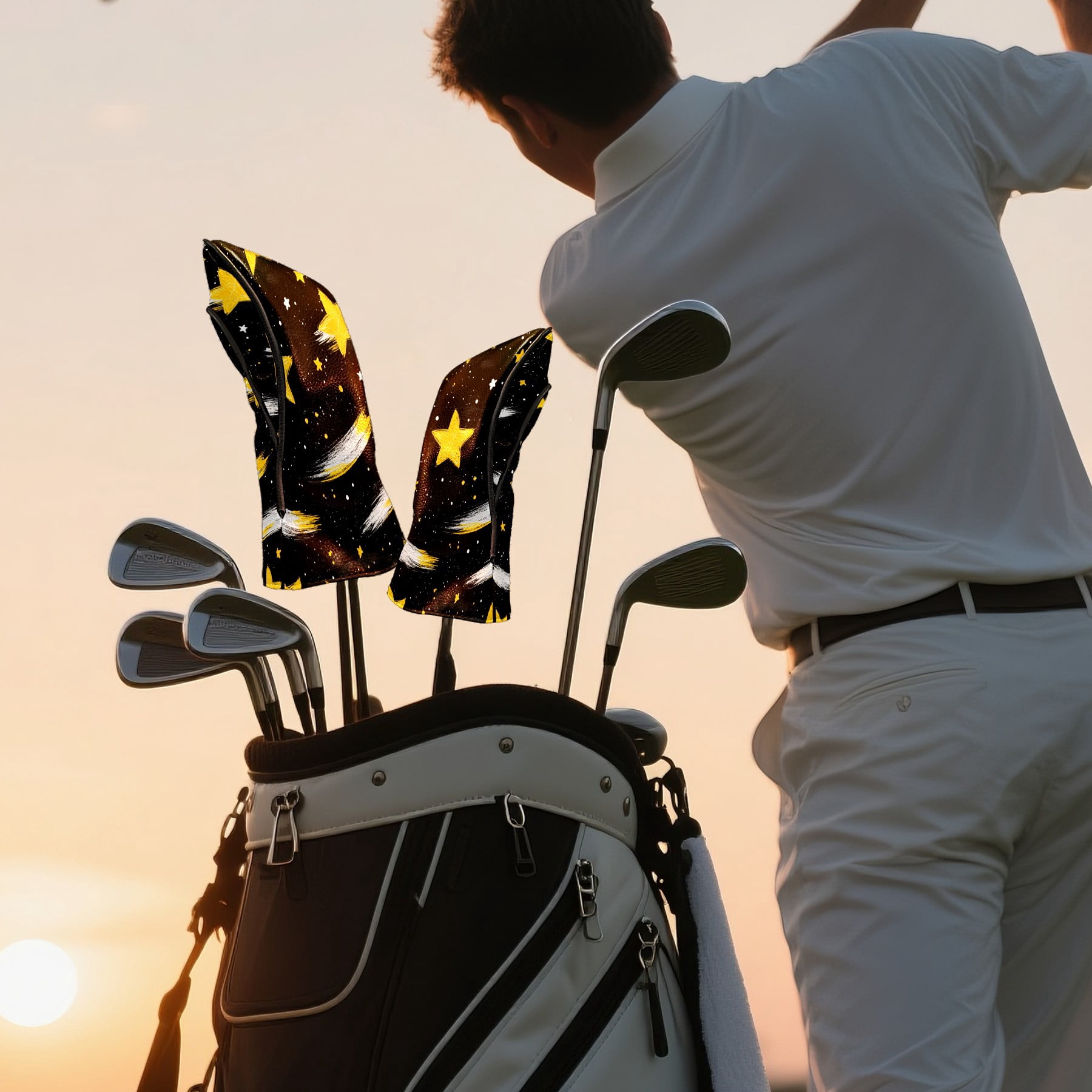 Golf Club Covers PU Leather Waterproof Head Covers for Fairway Woods Hybrids Golden Shooting Star