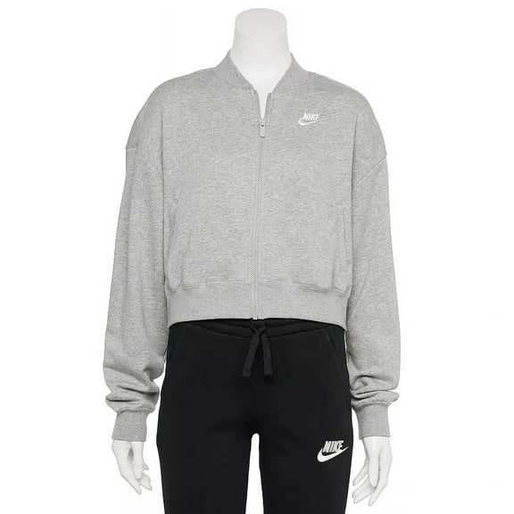 Nike Women's Club Fleece Crop Full Zip Jacket, Heather Grey, Large