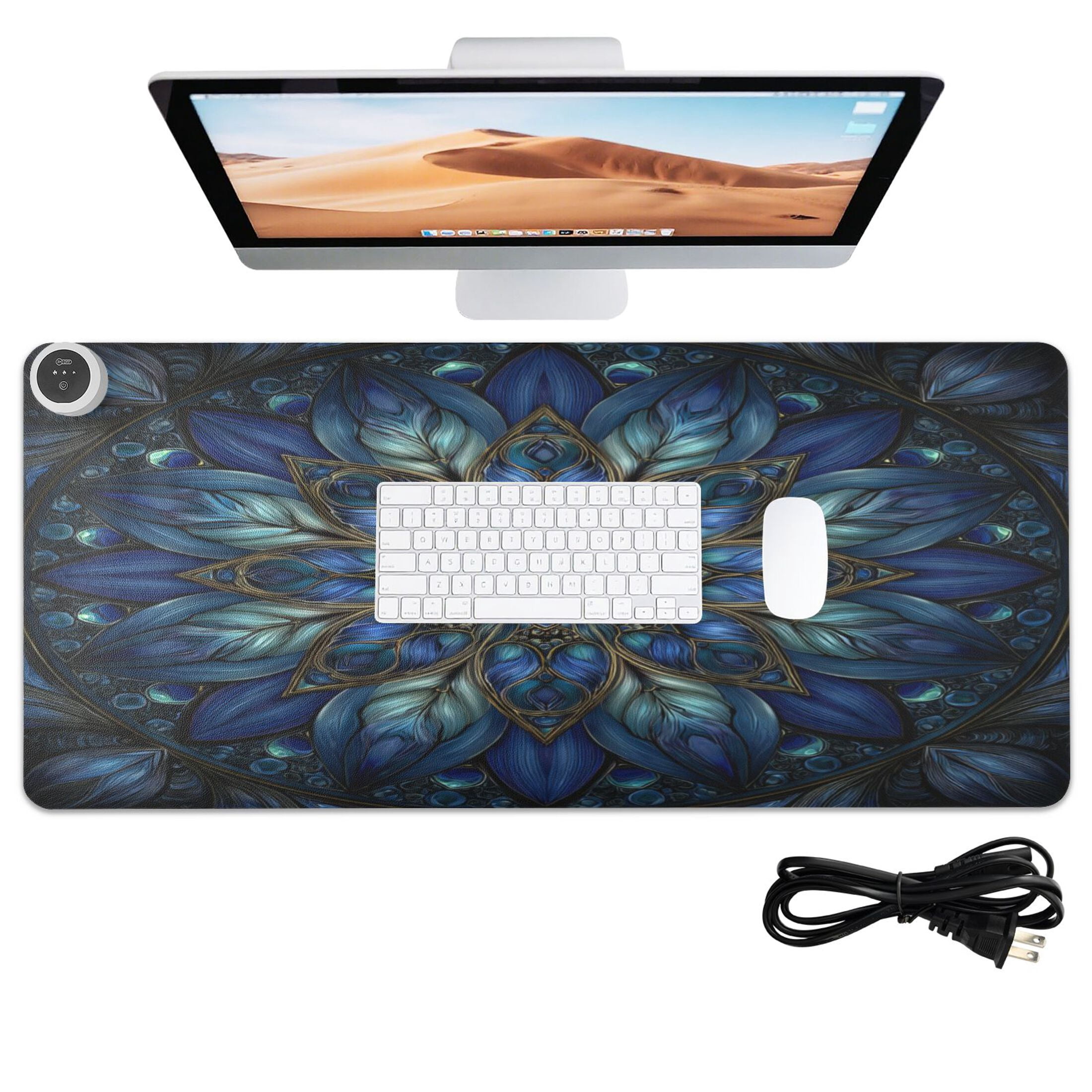 Large Heated Desk Mat Mouse Pad 31.5"x13"PU Leather Graphene Heating Desk Warmer with 3 Temperature Settings 110V US Plug Non-Slip Warm Pad for Home, Office, and Gaming Blue Glass Flower Petals