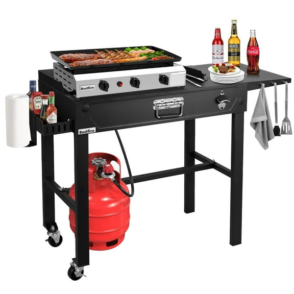 Frizi 3-Burner Propane Gas Griddle with Outdoor Grill Table, 30,000 BTU Portable Flat Top Cooking Station with Storage Shelf, Drip Tray & Accessories for BBQ, Tailgating & Campin