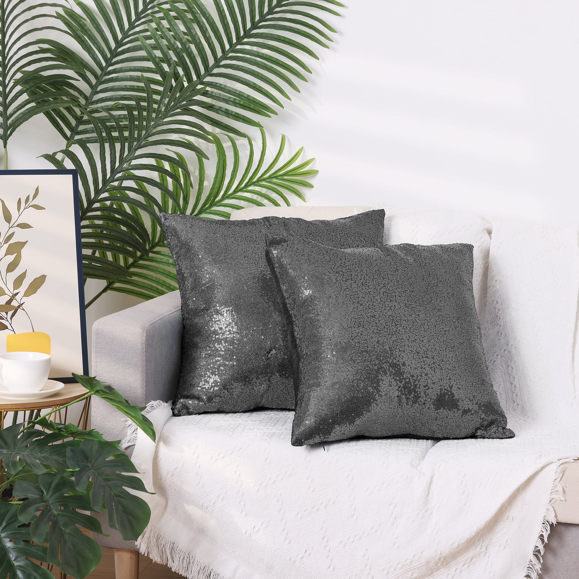 Unique Bargains Sequin Throw Pillow Covers 2 Glitter Decorative Pillow Cases Cushion Cover Gray 16" x 16"